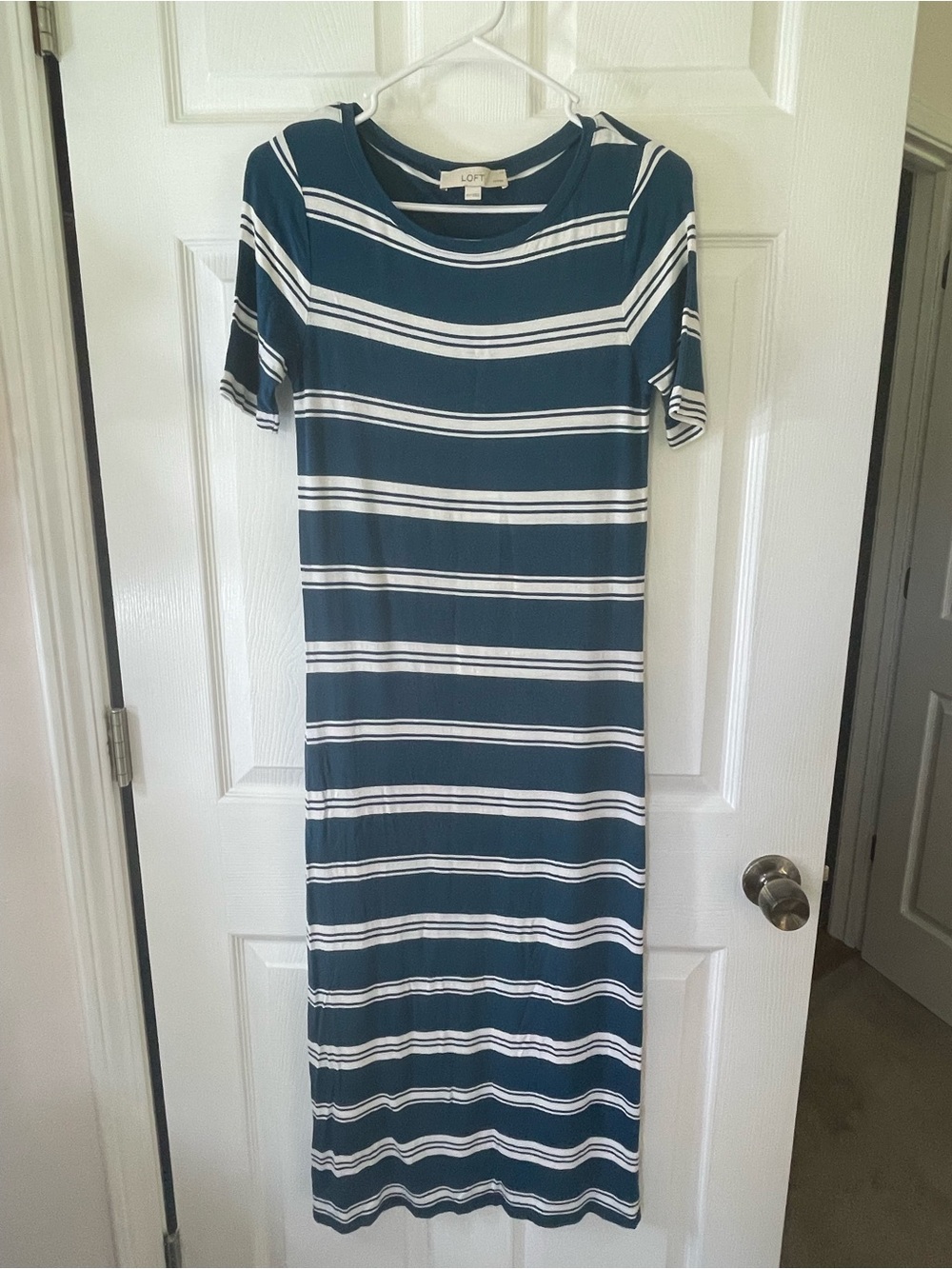 LOFT Marine & White Striped Fitted Maxi Dress
